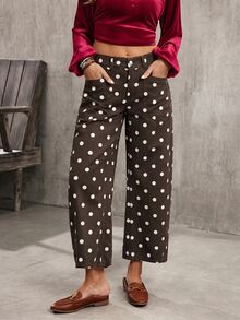 EMERY ROSE Women's Polka Dot Pattern Pocket Casual Loose Wide Leg Jeans - Coffee Brown - View 10