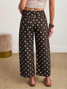 EMERY ROSE Women's Polka Dot Pattern Pocket Casual Loose Wide Leg Jeans - Coffee Brown - View 2