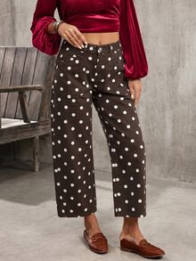 EMERY ROSE Women's Polka Dot Pattern Pocket Casual Loose Wide Leg Jeans - Coffee Brown - View 4