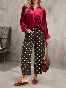 EMERY ROSE Women's Polka Dot Pattern Pocket Casual Loose Wide Leg Jeans - Coffee Brown - View 5