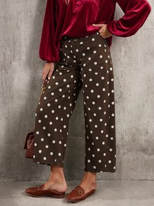 EMERY ROSE Women's Polka Dot Pattern Pocket Casual Loose Wide Leg Jeans - Coffee Brown - View 7