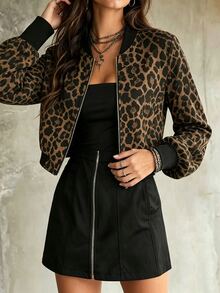 SHEIN PariChic 2026 Autumn/Winter American Vintage Street Wear Leopard Print Aviator Jacket Women's Short Stand Collar Zipper Baseball Y2K Street Style Casual Brown - Multicolor - View 4