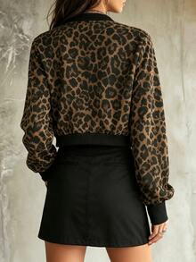 SHEIN PariChic 2026 Autumn/Winter American Vintage Street Wear Leopard Print Aviator Jacket Women's Short Stand Collar Zipper Baseball Y2K Street Style Casual Brown - Multicolor - View 2