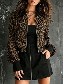 SHEIN PariChic 2026 Autumn/Winter American Vintage Street Wear Leopard Print Aviator Jacket Women's Short Stand Collar Zipper Baseball Y2K Street Style Casual Brown - Multicolor - View 3