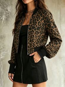 SHEIN PariChic 2026 Autumn/Winter American Vintage Street Wear Leopard Print Aviator Jacket Women's Short Stand Collar Zipper Baseball Y2K Street Style Casual Brown - Multicolor - View 6