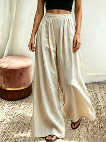 Zayélia Women's Woven Wide-Leg Casual Summer Pants - Apricot - View 1