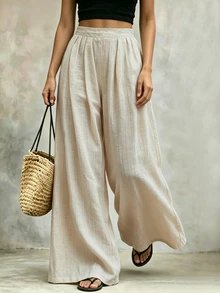 Zayélia Women's Woven Wide-Leg Casual Summer Pants - Apricot - View 3