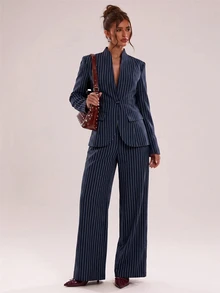 SHEIN BAE Women's Striped Single-Breasted Jacket And Pants Casual Suit Set - Navy Blue - View 3