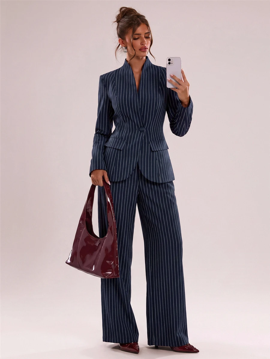 SHEIN BAE Women's Striped Single-Breasted Jacket And Pants Casual Suit Set - Navy Blue - View 1