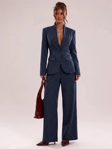 SHEIN BAE Women's Striped Single-Breasted Jacket And Pants Casual Suit Set - Navy Blue - View 7