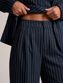 SHEIN BAE Women's Striped Single-Breasted Jacket And Pants Casual Suit Set - Navy Blue - View 8