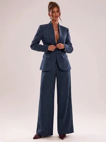 SHEIN BAE Women's Striped Single-Breasted Jacket And Pants Casual Suit Set - Navy Blue - View 5