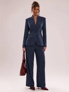SHEIN BAE Women's Striped Single-Breasted Jacket And Pants Casual Suit Set - Navy Blue - View 6