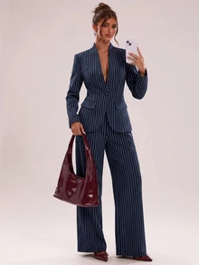 SHEIN BAE Women's Striped Single-Breasted Jacket And Pants Casual Suit Set - Navy Blue - View 4