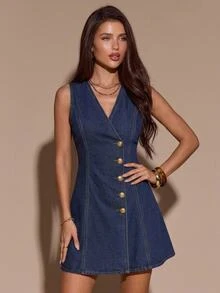 Firerie Women's Button Casual Daily Summer Denim Dress Autumn - Medium Wash - View 7