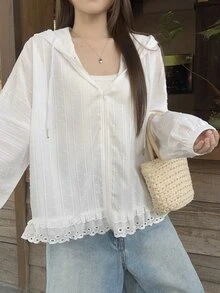 DAZY 女士连帽长袖宽松纹理面料蕾丝拼接休闲度假风常规外套 - 白色 - 查看 3