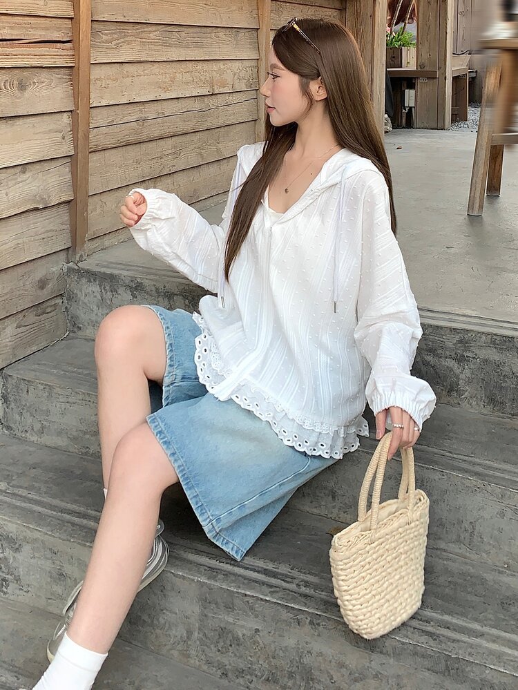 DAZY 女士连帽长袖宽松纹理面料蕾丝拼接休闲度假风常规外套 - 白色 - 查看 6