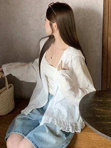 DAZY 女士连帽长袖宽松纹理面料蕾丝拼接休闲度假风常规外套 - 白色 - 查看 2