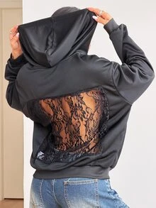 Coolane 女款秋冬街頭風休閒 Y2K 外出日常穿著 對比蕾絲拉鍊黑色寬鬆連帽長袖衛衣 - 黑色 - 查看 3