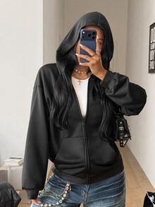 Coolane 女款秋冬街頭風休閒 Y2K 外出日常穿著 對比蕾絲拉鍊黑色寬鬆連帽長袖衛衣 - 黑色 - 查看 2
