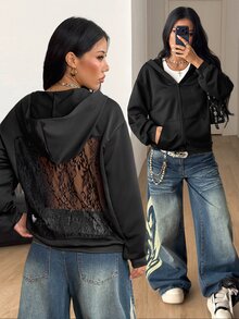 Coolane 女款秋冬街頭風休閒 Y2K 外出日常穿著 對比蕾絲拉鍊黑色寬鬆連帽長袖衛衣 - 黑色 - 查看 4