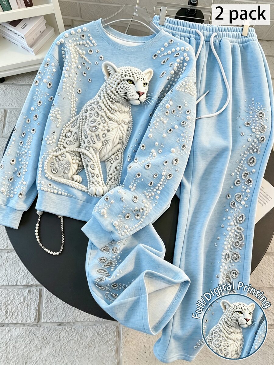 Resyla 秋冬女裝套裝 2件組 流行時尚居家舒適休閒套裝 豹紋女款兩件套 - 彩色 - 查看 1