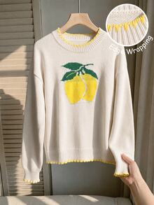 SHEIN PariChic Autumn Winter Women's Lemon Yellow Crew Neck Sweater Lemon Print Three-Dimensional Crochet Color Contrast Knit Top Brunch Picnic Cute Casual - Multicolor - View 4