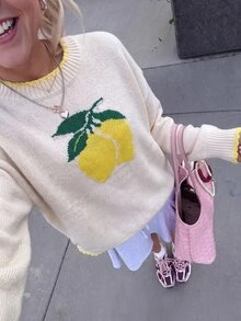 SHEIN PariChic Autumn Winter Women's Lemon Yellow Crew Neck Sweater Lemon Print Three-Dimensional Crochet Color Contrast Knit Top Brunch Picnic Cute Casual - Multicolor - View 2