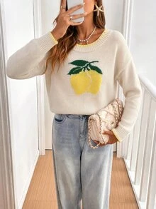 SHEIN PariChic Autumn Winter Women's Lemon Yellow Crew Neck Sweater Lemon Print Three-Dimensional Crochet Color Contrast Knit Top Brunch Picnic Cute Casual - Multicolor - View 1