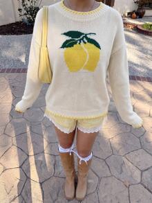 SHEIN PariChic Autumn Winter Women's Lemon Yellow Crew Neck Sweater Lemon Print Three-Dimensional Crochet Color Contrast Knit Top Brunch Picnic Cute Casual - Multicolor - View 3
