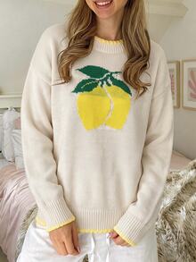 SHEIN PariChic Autumn Winter Women's Lemon Yellow Crew Neck Sweater Lemon Print Three-Dimensional Crochet Color Contrast Knit Top Brunch Picnic Cute Casual - Multicolor - View 6