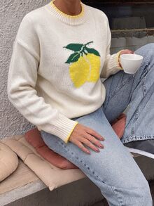 SHEIN PariChic Autumn Winter Women's Lemon Yellow Crew Neck Sweater Lemon Print Three-Dimensional Crochet Color Contrast Knit Top Brunch Picnic Cute Casual - Multicolor - View 8