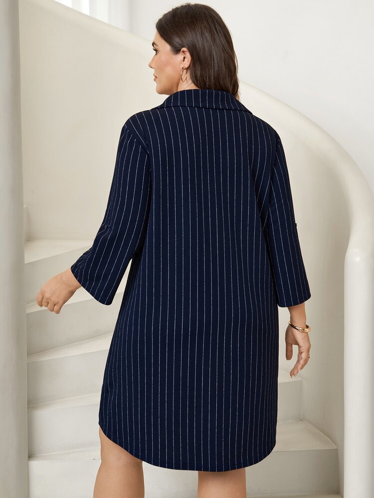 Comfylo Plus Striped Print Roll Tab Sleeve Dress Without Belt - Blue - View 2