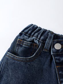 SHEIN ChillGRL 女童 Y2K 休閒百搭街頭風不對稱彈性腰破損寬鬆直筒寬腿牛仔長褲 2025 夏季新款 嬰兒藍 - 深色水洗藍 - 查看 6