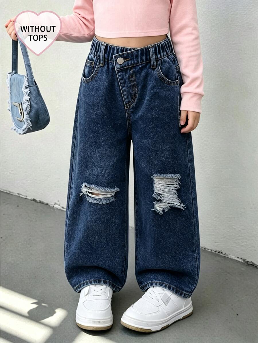 SHEIN ChillGRL 女童 Y2K 休閒百搭街頭風不對稱彈性腰破損寬鬆直筒寬腿牛仔長褲 2025 夏季新款 嬰兒藍 - 深色水洗藍 - 查看 1
