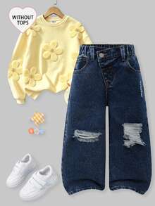 SHEIN ChillGRL 女童 Y2K 休閒百搭街頭風不對稱彈性腰破損寬鬆直筒寬腿牛仔長褲 2025 夏季新款 嬰兒藍 - 深色水洗藍 - 查看 8