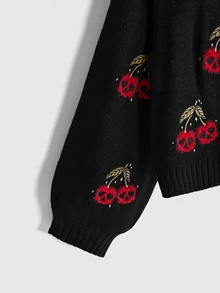 ROMWE Plus Size Dark Gothic Cherry Skull Embroidered Contrast Color Short Loose Knit Cardigan - Black - View 4