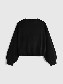 ROMWE Plus Size Dark Gothic Cherry Skull Embroidered Contrast Color Short Loose Knit Cardigan - Black - View 2