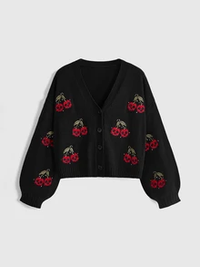 ROMWE Plus Size Dark Gothic Cherry Skull Embroidered Contrast Color Short Loose Knit Cardigan - Black - View 1
