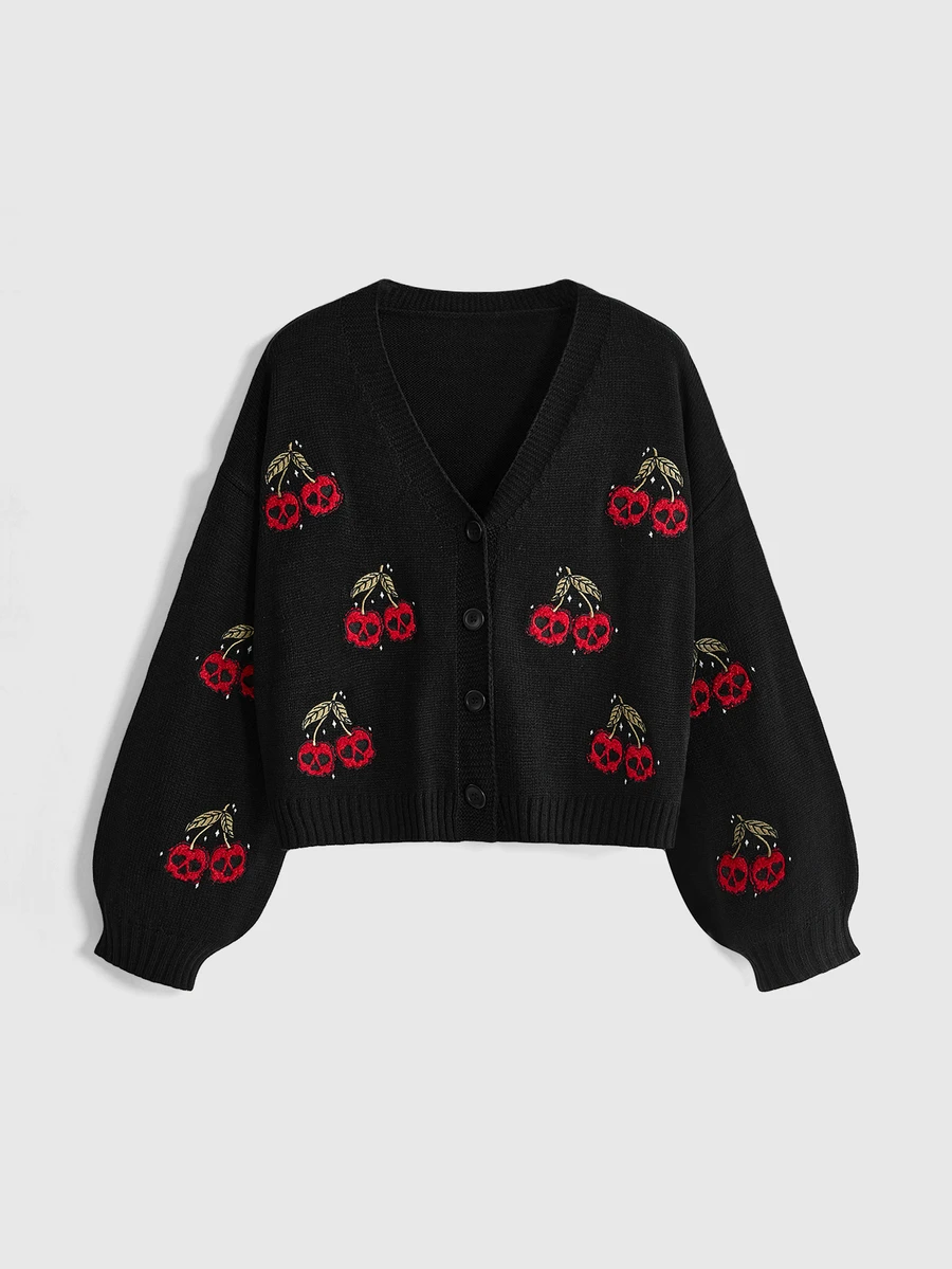 ROMWE Plus Size Dark Gothic Cherry Skull Embroidered Contrast Color Short Loose Knit Cardigan - Black - View 1
