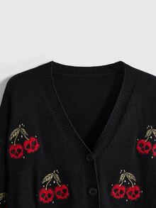 ROMWE Plus Size Dark Gothic Cherry Skull Embroidered Contrast Color Short Loose Knit Cardigan - Black - View 3