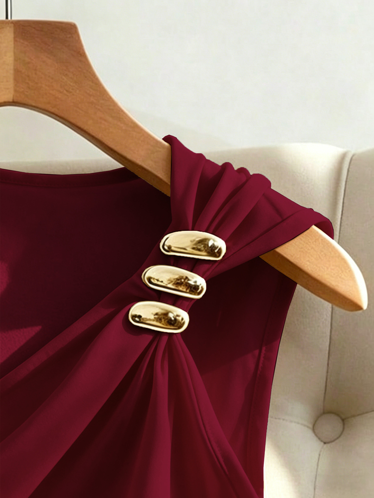 Rafferiza Women's Elegant Metal Decor Asymmetric Hem Dress, Summer - Burgundy - View 4