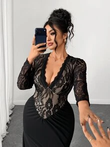 Elenzga Plus Size Women's Fashion Elegant Lace Long Sleeve Deep V-Neck Ruched Bodycon Mermaid Maxi Dress, Suitable For Daily, Dating, Party Wear - Black - View 9