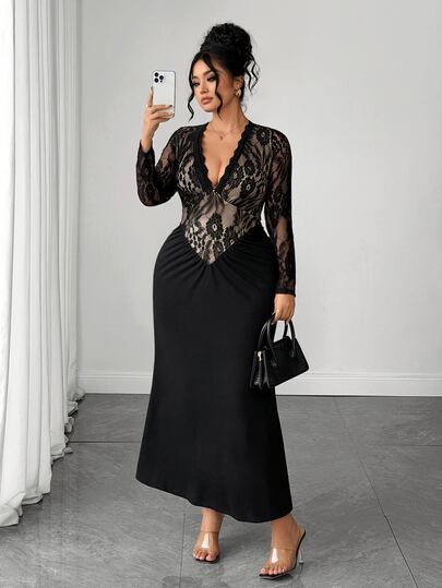Elenzga Plus Size Women's Fashion Elegant Lace Long Sleeve Deep V-Neck Ruched Bodycon Mermaid Maxi Dress, Suitable For Daily, Dating, Party Wear