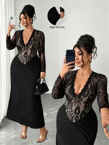 Elenzga Plus Size Women's Fashion Elegant Lace Long Sleeve Deep V-Neck Ruched Bodycon Mermaid Maxi Dress, Suitable For Daily, Dating, Party Wear - Black - View 8