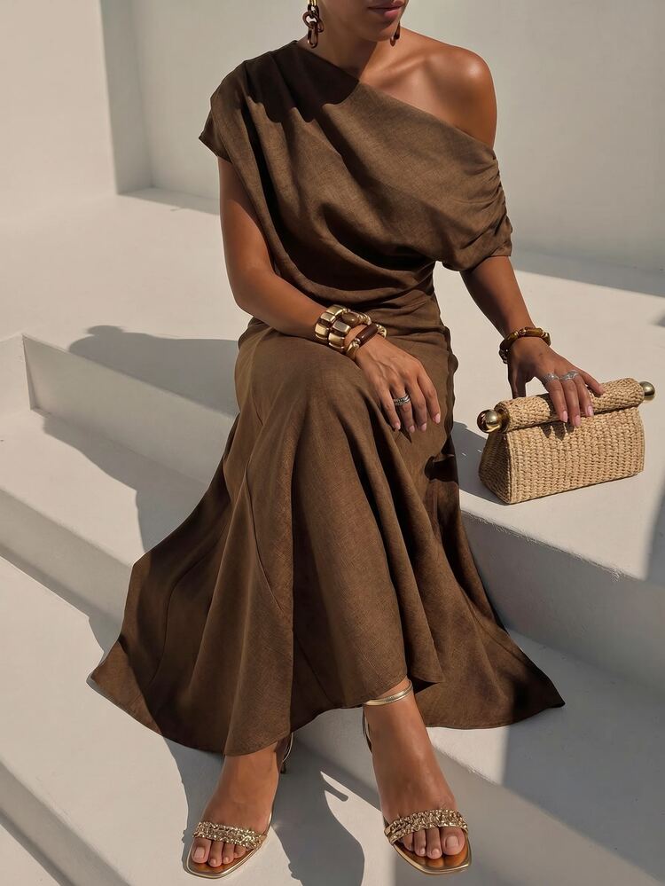 Zivah Women's Solid Color Asymmetrical Shoulder Ruched Minimalist Vacation Dress - Brown - View 5