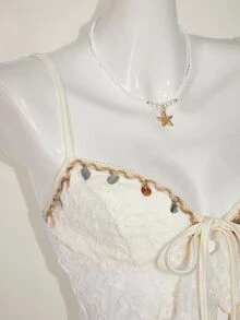 SHEIN ICON 纹理提花面料开衩下摆波西米亚风格吊带背心 - 米色 - 查看 7