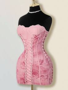 SHEIN ICON Vintage Palace Floral Side Tie-Up Heavy Texture Fishbone Design Dress Pink Lace Up Dress - Red - View 1