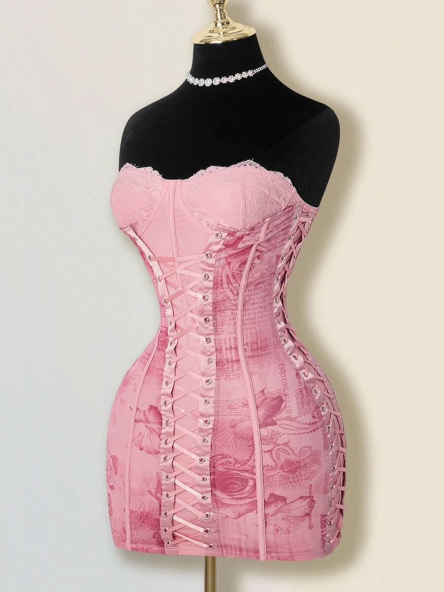 SHEIN ICON Vintage Palace Floral Side Tie-Up Heavy Texture Fishbone Design Dress Pink Lace Up Dress - Red - View 1