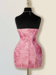 SHEIN ICON Vintage Palace Floral Side Tie-Up Heavy Texture Fishbone Design Dress Pink Lace Up Dress - Red - View 3